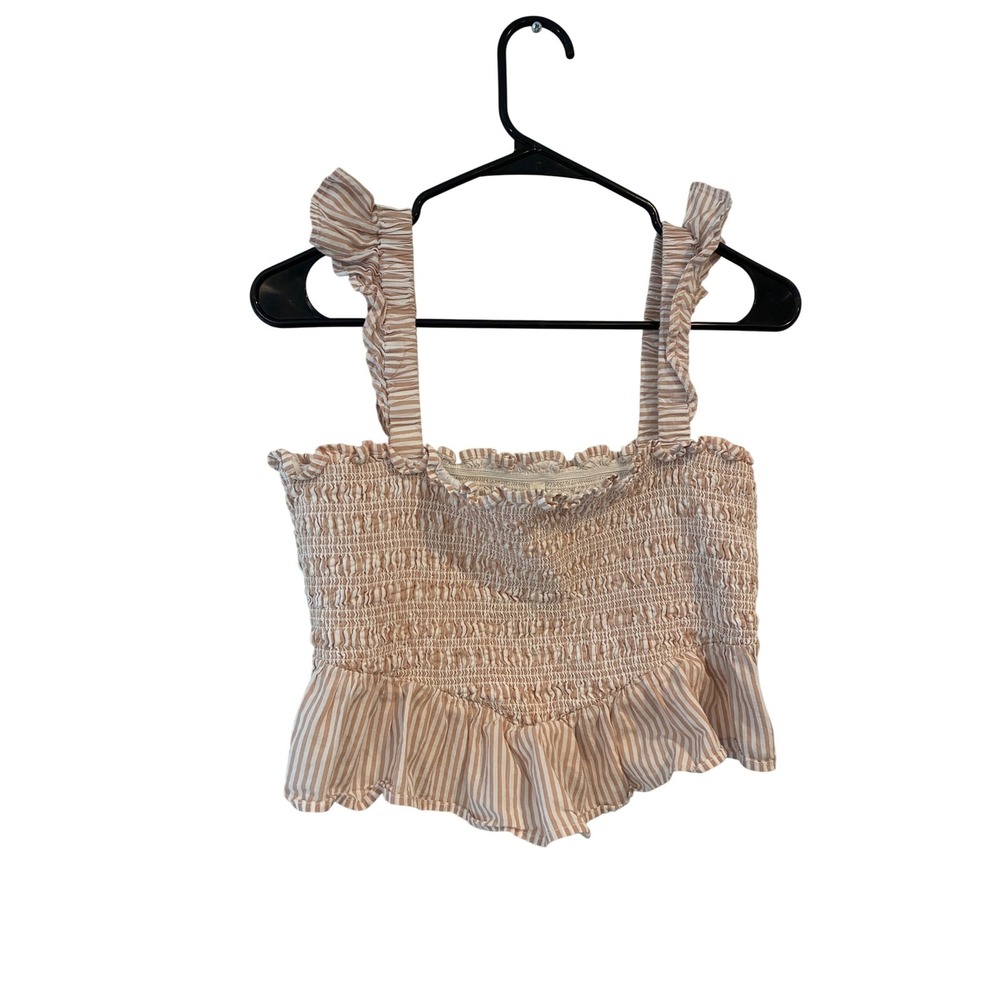 American Eagle Smocked Peplum Tank Top Tan White Striped Ruffle‎ Strap Medium